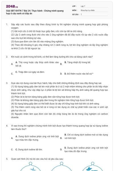 Giải SBT KHTN 7  Bài 24: Thực hành : Chứng minh quang hợp ở cây xanh có đáp án