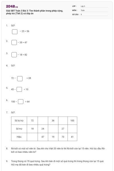 Giải SBT Toán 3 Bài 3: Tìm thành phần trong phép cộng, phép trừ (Tiết 2) có đáp án