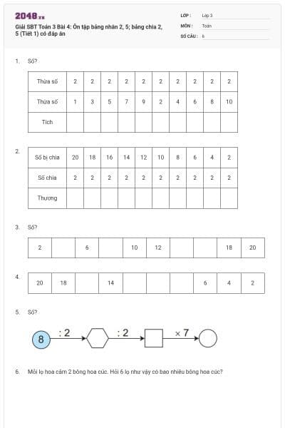 Giải SBT Toán 3 Bài 4: Ôn tập bảng nhân 2, 5; bảng chia 2, 5 (Tiết 1) có đáp án