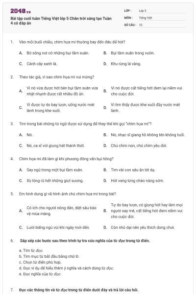 Bài tập cuối tuần Tiếng Việt lớp 5 Chân trời sáng tạo Tuần 4 có đáp án