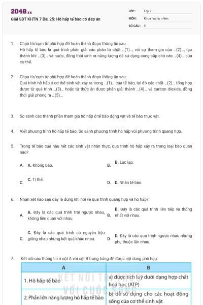 Giải SBT KHTN 7 Bài 25: Hô hấp tế bào có đáp án