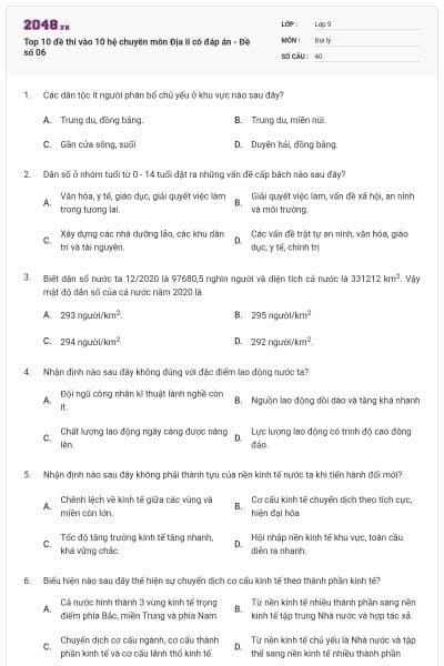 Top 10 đề thi vào 10 hệ chuyên môn Địa lí có đáp án - Đề số 06