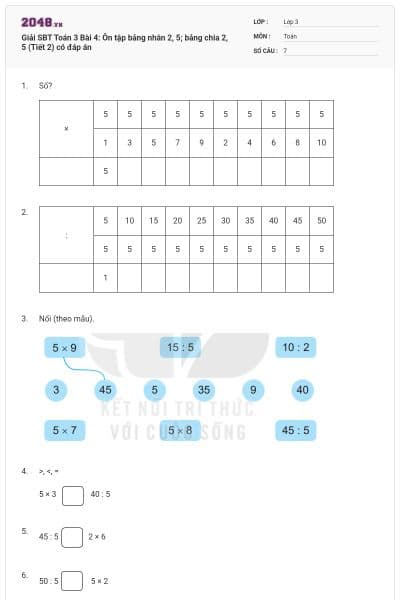 Giải SBT Toán 3 Bài 4: Ôn tập bảng nhân 2, 5; bảng chia 2, 5 (Tiết 2) có đáp án