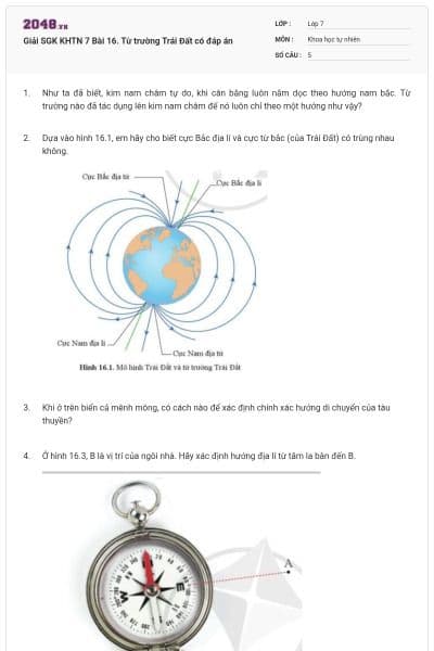 Giải SGK KHTN 7 Bài 16. Từ trường Trái Đất có đáp án