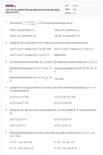 120 câu trắc nghiệm Phương pháp tọa độ trong mặt phẳng nâng cao (P4)