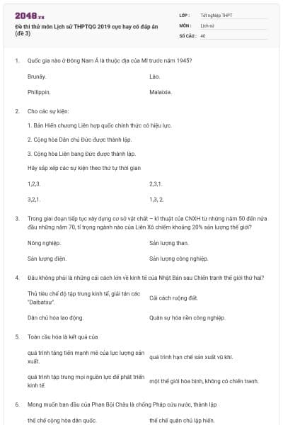 Đề thi thử môn Lịch sử THPTQG 2019 cực hay có đáp án (đề 3)