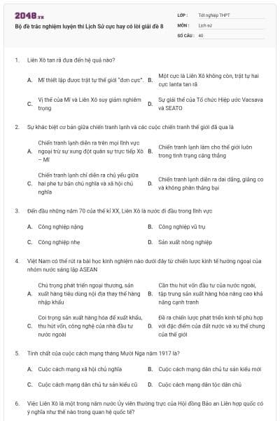 Bộ đề trắc nghiệm luyện thi Lịch Sử cực hay có lời giải đề 8