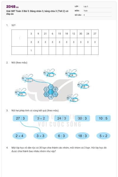 Giải SBT Toán 3 Bài 5: Bảng nhân 3, bảng chia 3 (Tiết 2) có đáp án