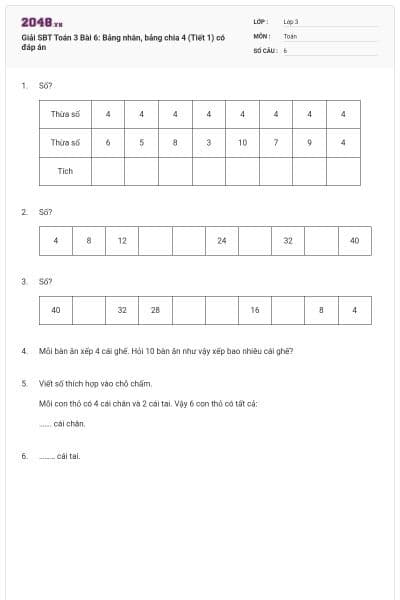 Giải SBT Toán 3 Bài 6: Bảng nhân, bảng chia 4 (Tiết 1) có đáp án