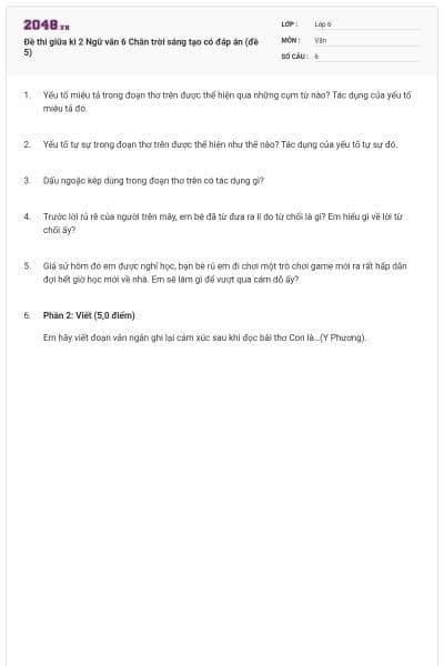 Đề thi giữa kì 2 Ngữ văn 6 Chân trời sáng tạo có đáp án (đề 5)