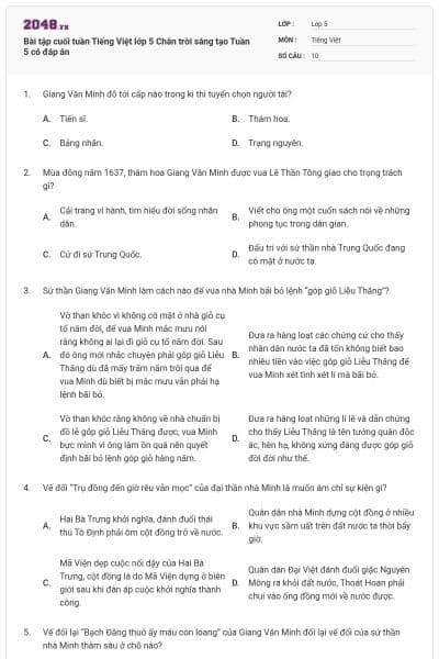 Bài tập cuối tuần Tiếng Việt lớp 5 Chân trời sáng tạo Tuần 5 có đáp án