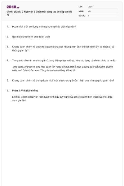 Đề thi giữa kì 2 Ngữ văn 6 Chân trời sáng tạo có đáp án (đề 7)