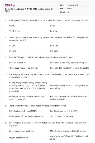 Đề thi thử môn Lịch sử THPTQG 2019 cực hay có đáp án (đề 4)