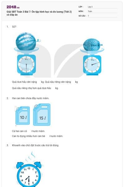 Giải SBT Toán 3 Bài 7: Ôn tập hình học và đo lương (Tiết 2) có đáp án