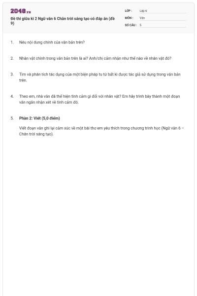 Đề thi giữa kì 2 Ngữ văn 6 Chân trời sáng tạo có đáp án (đề 9)