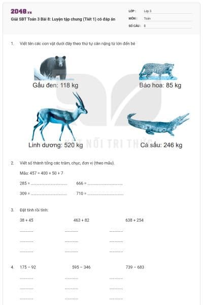 Giải SBT Toán 3 Bài 8: Luyện tập chung (Tiết 1) có đáp án
