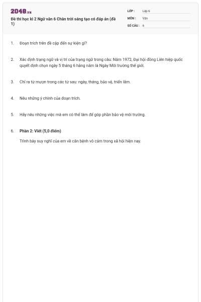 Đề thi học kì 2 Ngữ văn 6 Chân trời sáng tạo có đáp án (đề 1)