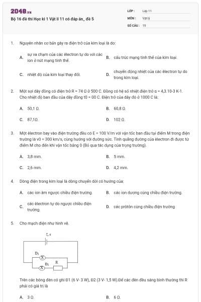 Bộ 16 đề thi Học kì 1 Vật lí 11 có đáp án_ đề 5