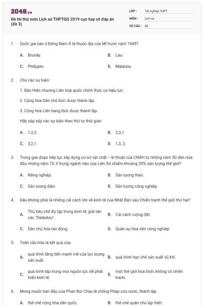 Đề thi thử môn Lịch sử THPTQG 2019 cực hay có đáp án (đề 3)