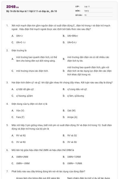 Bộ 16 đề thi Học kì 1 Vật lí 11 có đáp án_ đề 10