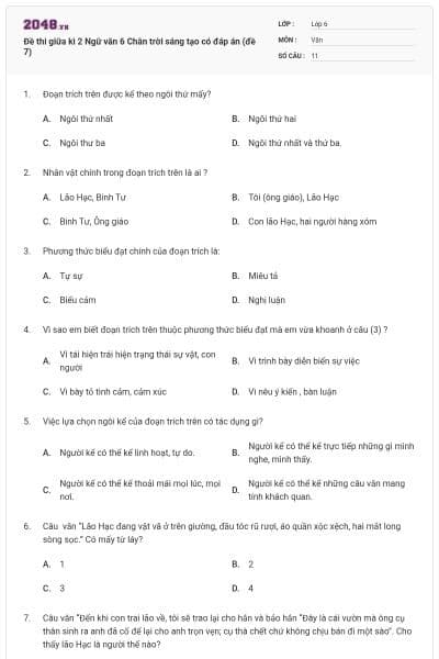 Đề thi giữa kì 2 Ngữ văn 6 Chân trời sáng tạo có đáp án (đề 7)