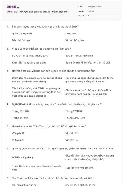 Đề thi thử THPTQG môn Lịch Sử cực hay có lời giải (P5)