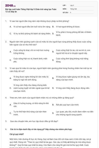 Bài tập cuối tuần Tiếng Việt lớp 5 Chân trời sáng tạo Tuần 12 có đáp án