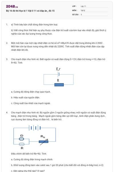 Bộ 16 đề thi Học kì 1 Vật lí 11 có đáp án_ đề 15
