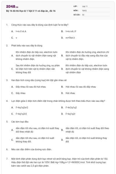 Bộ 16 đề thi Học kì 1 Vật lí 11 có đáp án_ đề 16