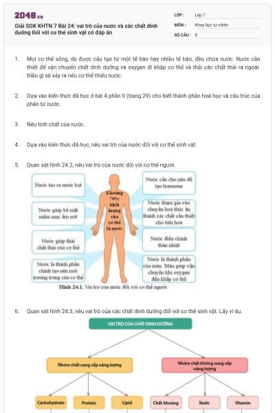Giải SGK KHTN 7 Bài 24: vai trò của nước và các chất dinh dưỡng Đối với cơ thể sinh vật có đáp án