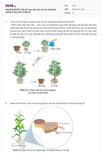 Giải SGK KHTN 7 Bài 25: trao đổi nước và các chất dinh dưỡng ở thực vật có đáp án
