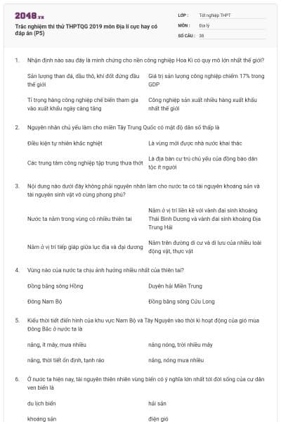 Trắc nghiệm thi thử THPTQG 2019 môn Địa lí cực hay có đáp án (P5)