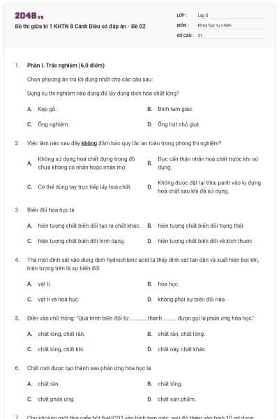 Đề thi giữa kì 1 KHTN 8 Cánh Diều có đáp án - Đề 02