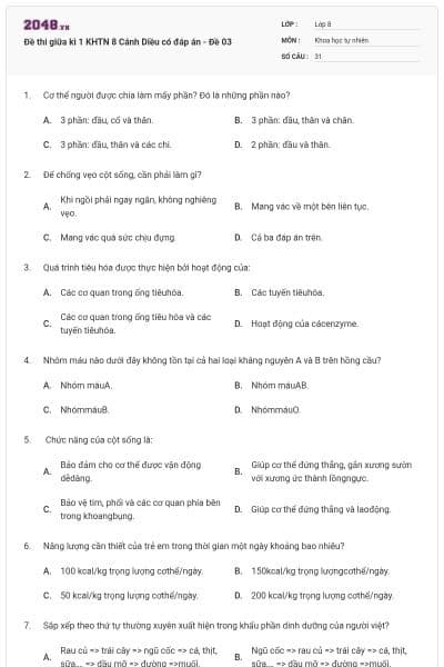 Đề thi giữa kì 1 KHTN 8 Cánh Diều có đáp án - Đề 03