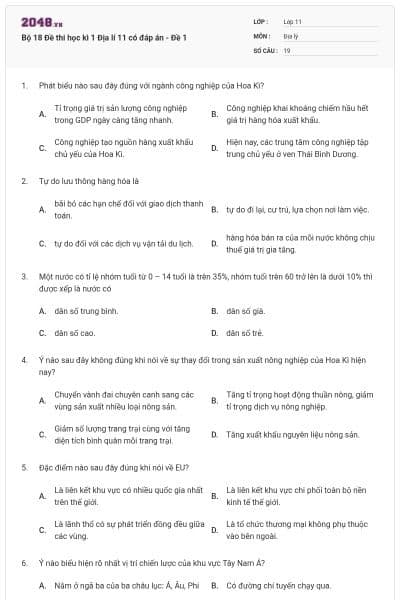 Bộ 18 Đề thi học kì 1 Địa lí 11 có đáp án - Đề 1