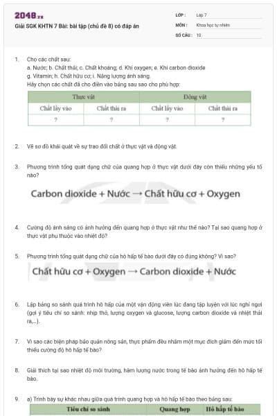 Giải SGK KHTN 7 Bài: bài tập (chủ đề 8) có đáp án