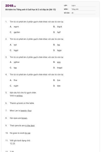 Đề kiểm tra Tiếng anh 6 Cuối học kì 2 có đáp án (Đề 13)