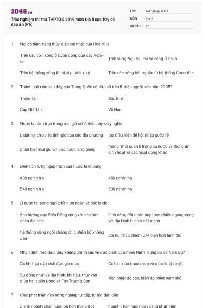 Trắc nghiệm thi thử THPTQG 2019 môn Địa lí cực hay có đáp án (P6)