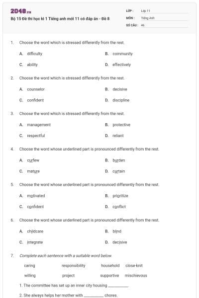 Bộ 15 Đề thi học kì 1 Tiếng anh mới 11 có đáp án - Đề 8