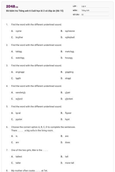 Đề kiểm tra Tiếng anh 6 Cuối học kì 2 có đáp án (Đề 15)