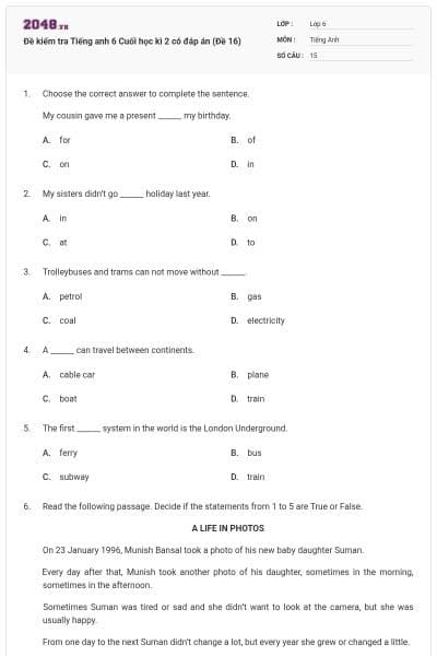 Đề kiểm tra Tiếng anh 6 Cuối học kì 2 có đáp án (Đề 16)