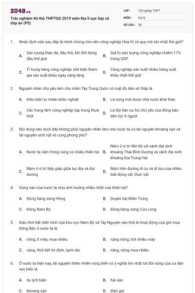 Trắc nghiệm thi thử THPTQG 2019 môn Địa lí cực hay có đáp án (P5)