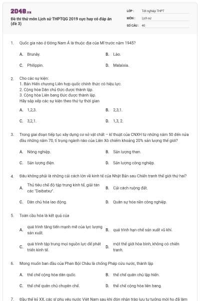 Đề thi thử môn Lịch sử THPTQG 2019 cực hay có đáp án (đề 3)