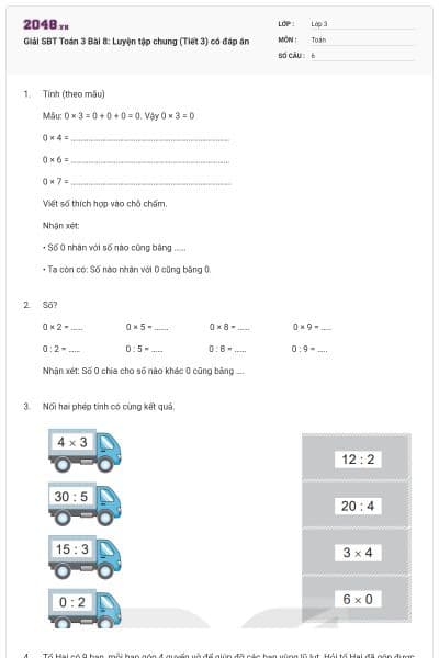 Giải SBT Toán 3 Bài 8: Luyện tập chung (Tiết 3) có đáp án