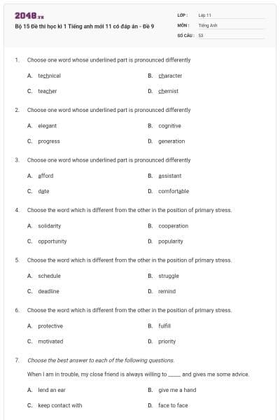 Bộ 15 Đề thi học kì 1 Tiếng anh mới 11 có đáp án - Đề 9
