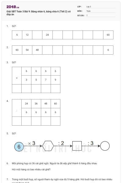 Giải SBT Toán 3 Bài 9: Bảng nhân 6, bảng chia 6 (Tiết 2) có đáp án