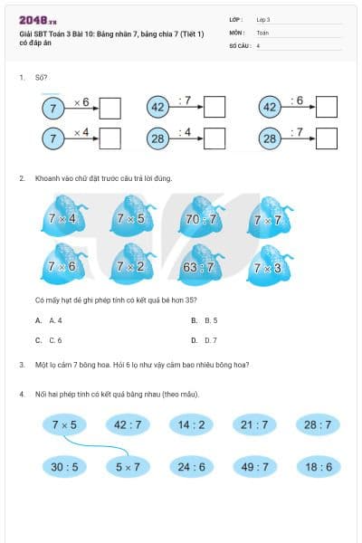 Giải SBT Toán 3 Bài 10: Bảng nhân 7, bảng chia 7 (Tiết 1) có đáp án