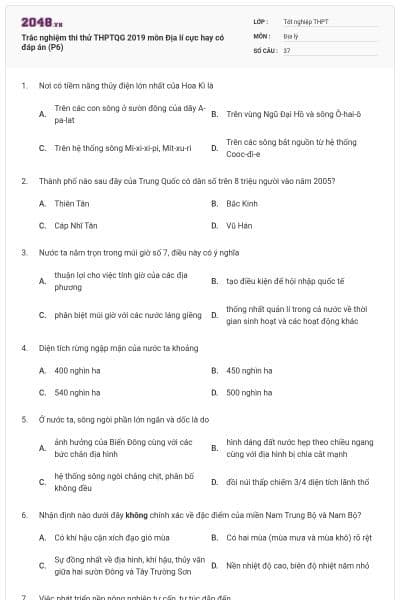 Trắc nghiệm thi thử THPTQG 2019 môn Địa lí cực hay có đáp án (P6)