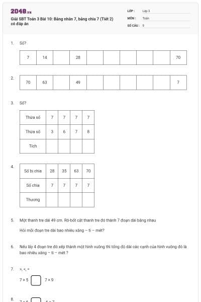 Giải SBT Toán 3 Bài 10: Bảng nhân 7, bảng chia 7 (Tiết 2) có đáp án