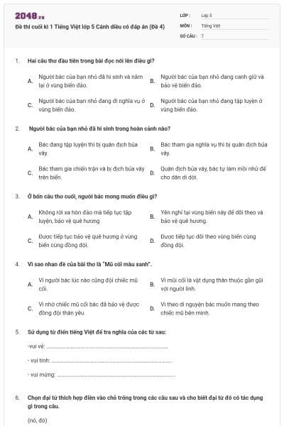 Đề thi cuối kì 1 Tiếng Việt lớp 5 Cánh diều có đáp án (Đề 4)